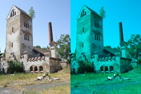 links normales Sehen, rechts wurde die Grundfarbe rot heraus gefiltert